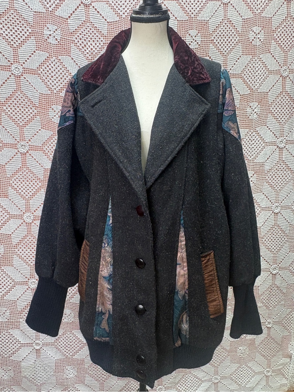 Vintage 80s ELCO Wool Blend Mixed Media Batwing Coat Size L